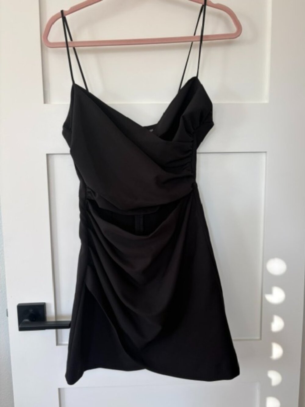 Zara Black Draped Mini Dress Spaghetti Strap Cutout Cocktail Party M